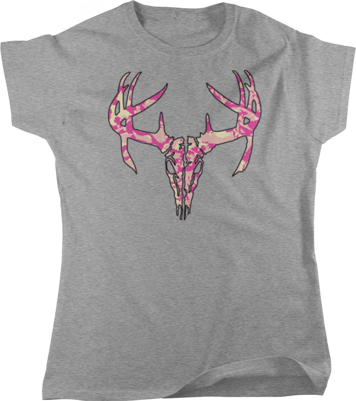 A gray t-shirt with a graphic design of a deer skull and antlers in pink and yellow colors.
