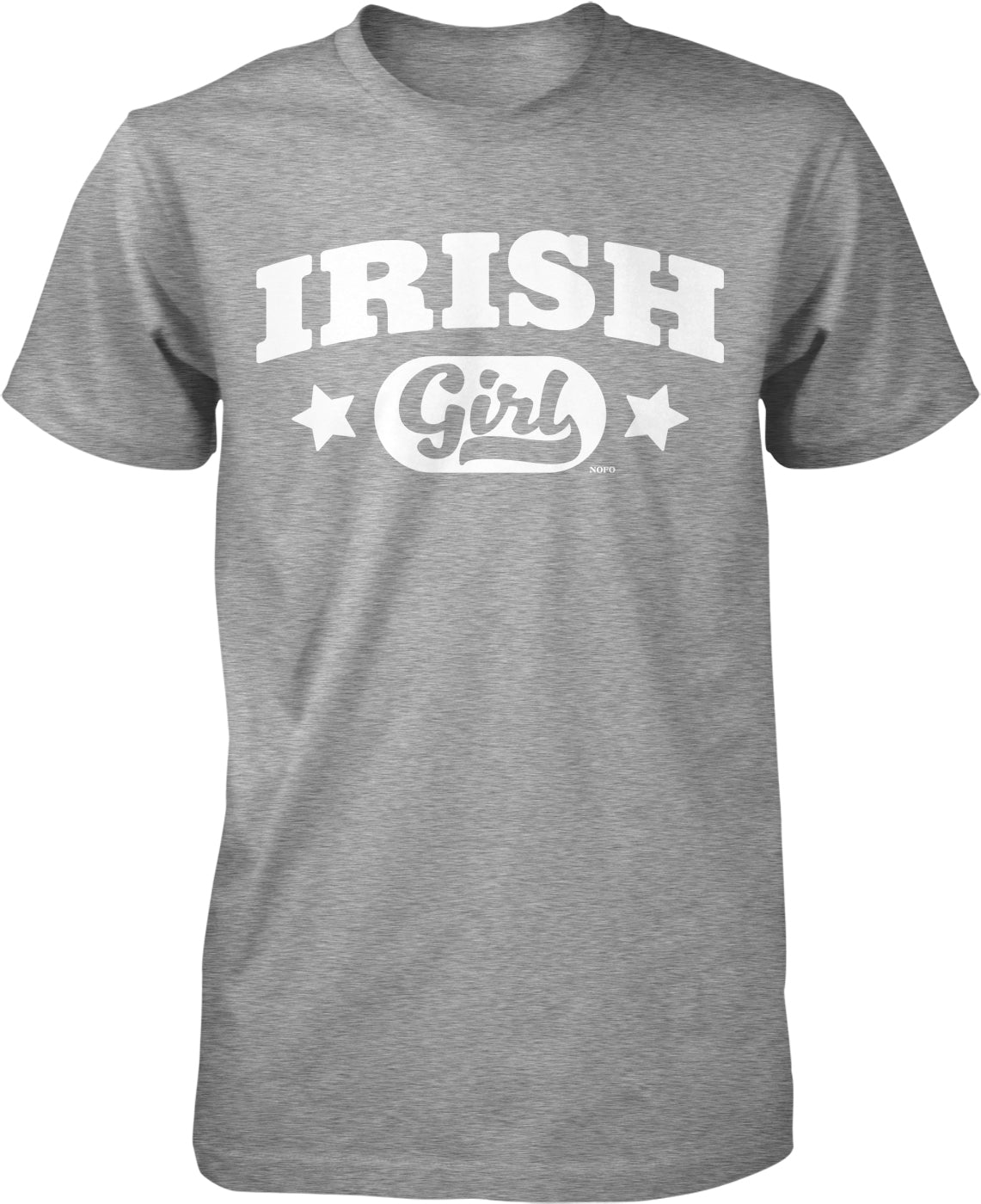 A gray t-shirt with the text "IRISH Girl" printed on it in white letters.