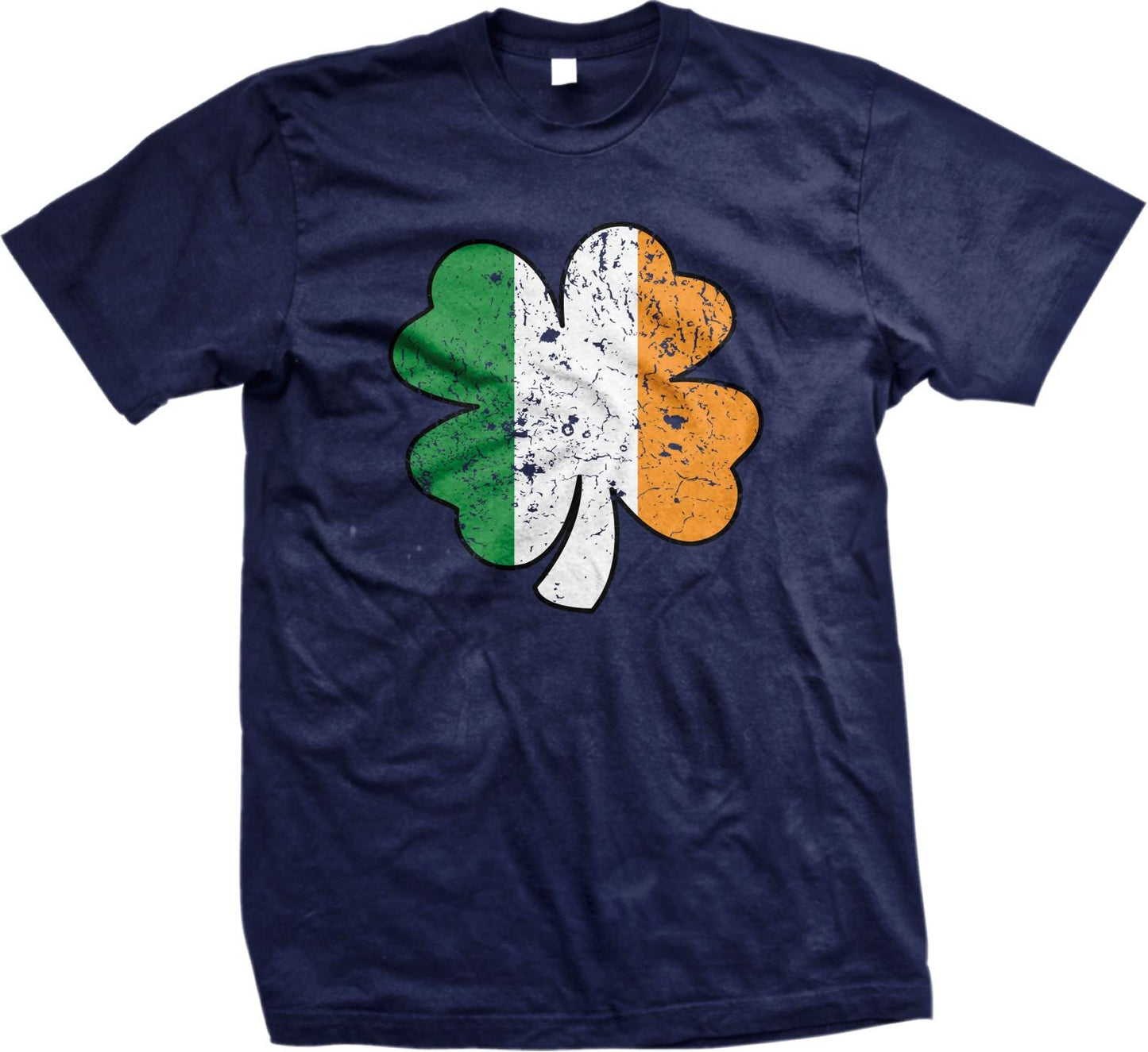 A navy blue t-shirt with a graphic design of a four-leaf clover in the colors of the Irish flag.