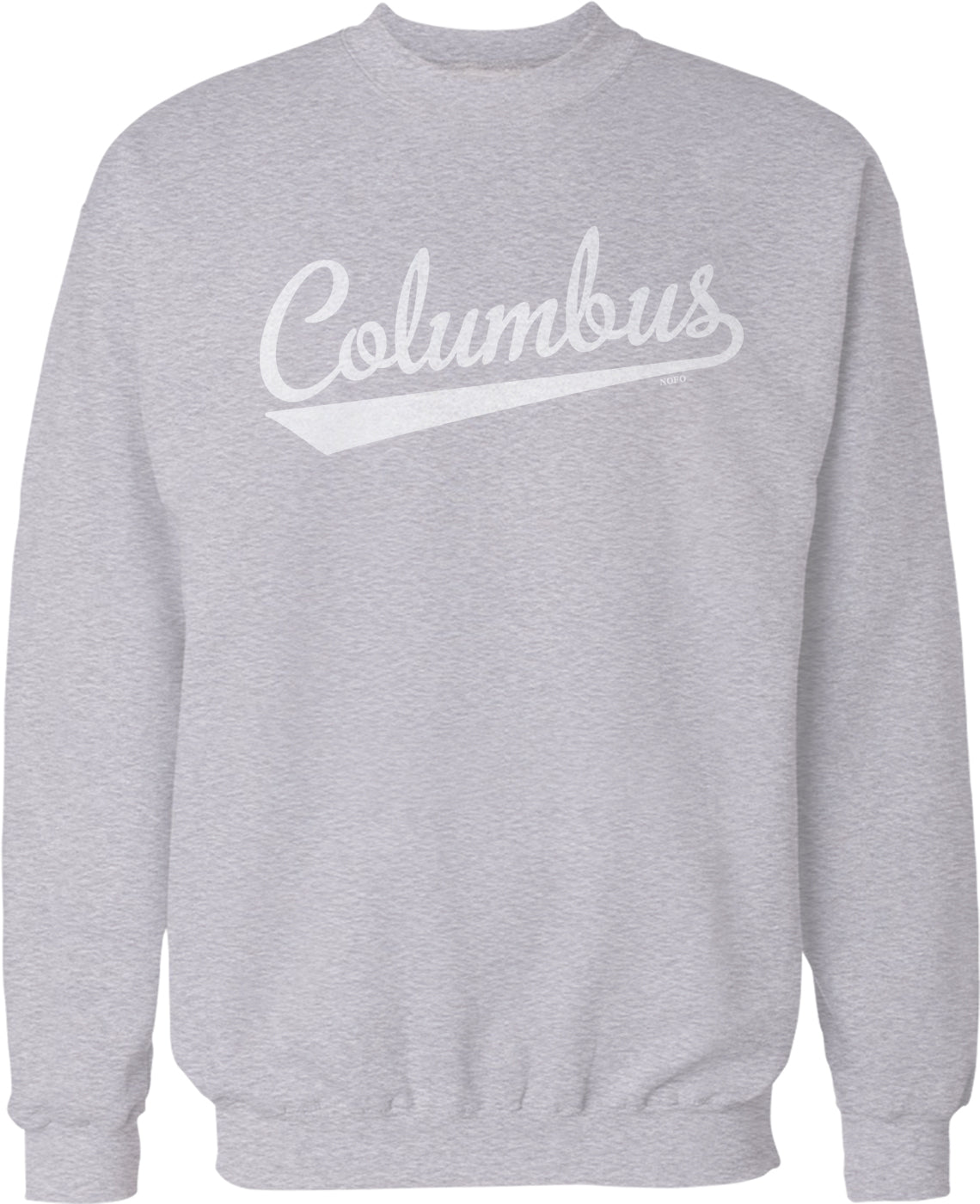 A gray sweatshirt with the word "Columbus" printed on it in white text.