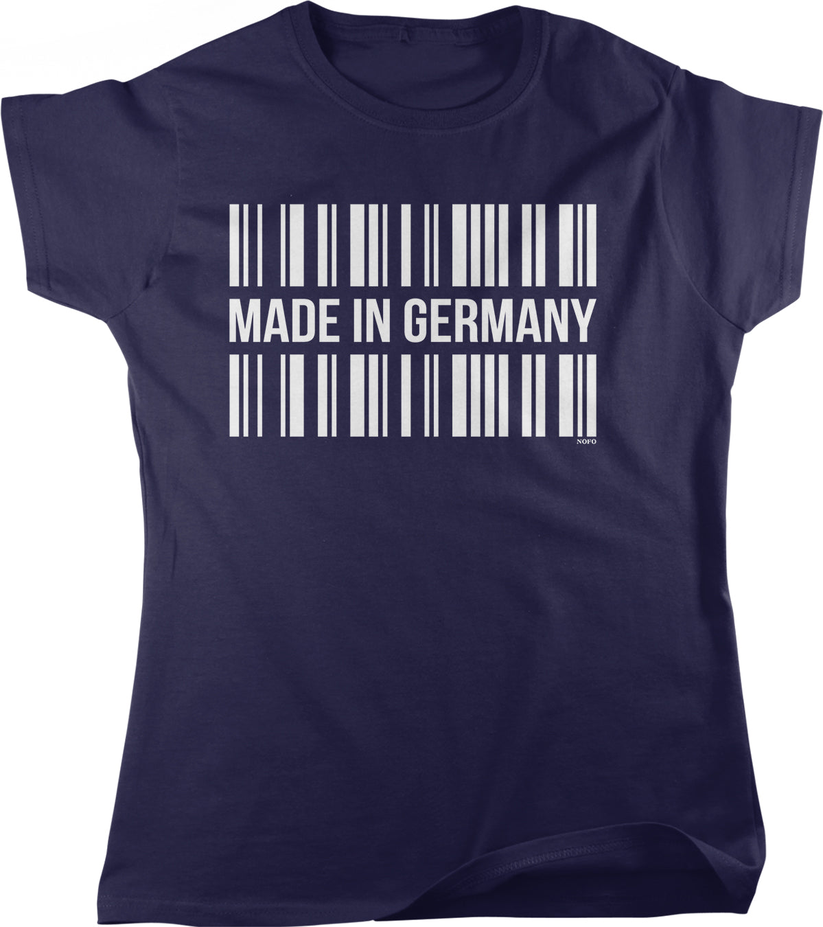 The image is a navy blue t-shirt with the text "MADE IN GERMANY" printed on it in white.
