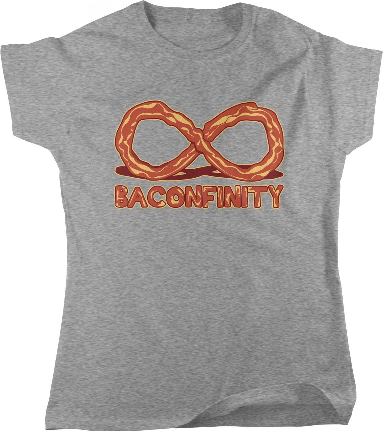 A gray t-shirt with a graphic design depicting bacon wrapped around a pretzel, with the text "BACONFINITY" below it.