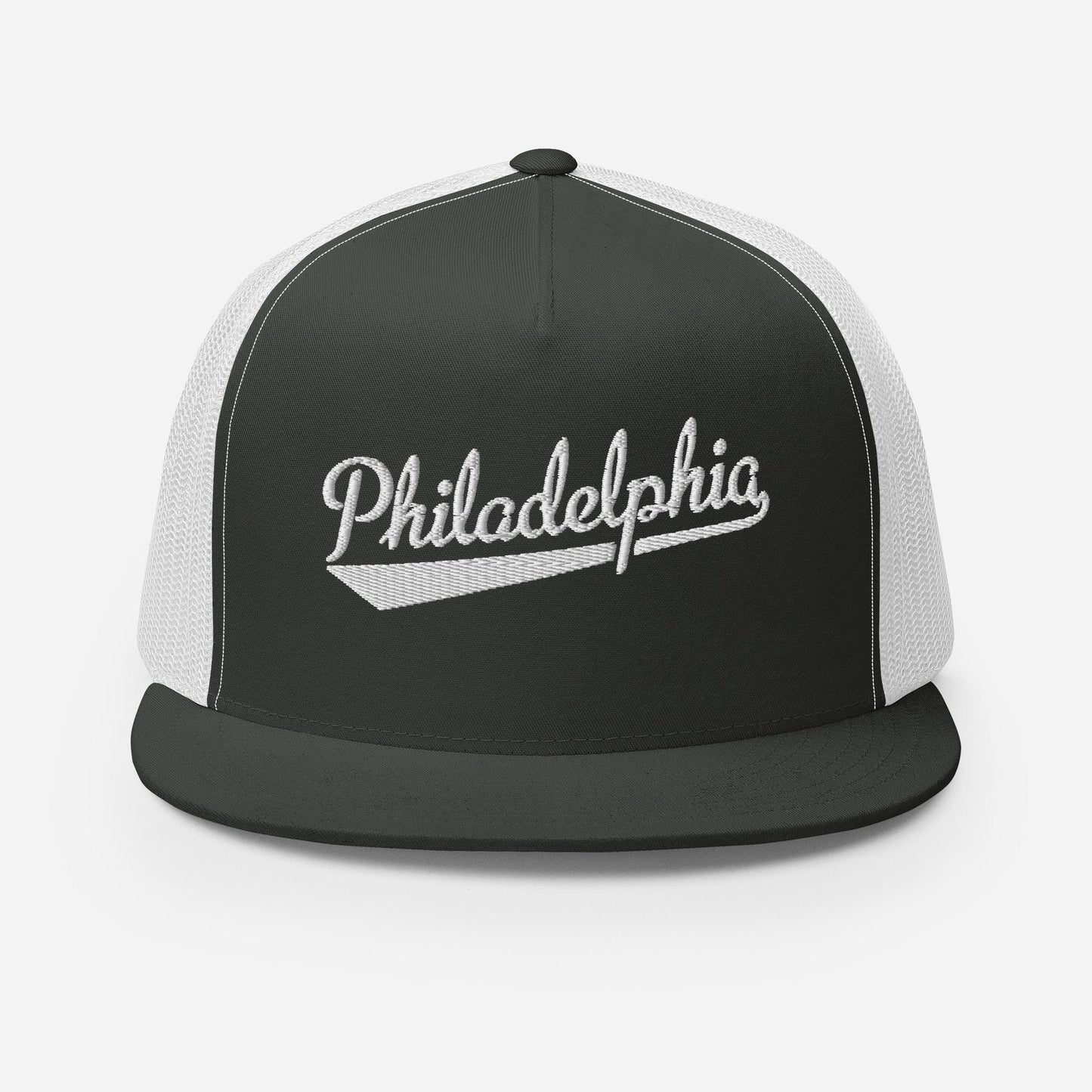 A black and white baseball cap with the word "PhiladELPHIA" embroidered on it.