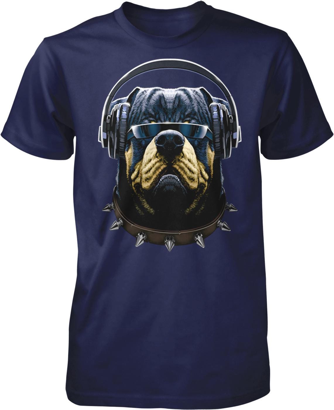 A t-shirt design featuring a dog wearing headphones and a studded collar, with a serious expression on its face.