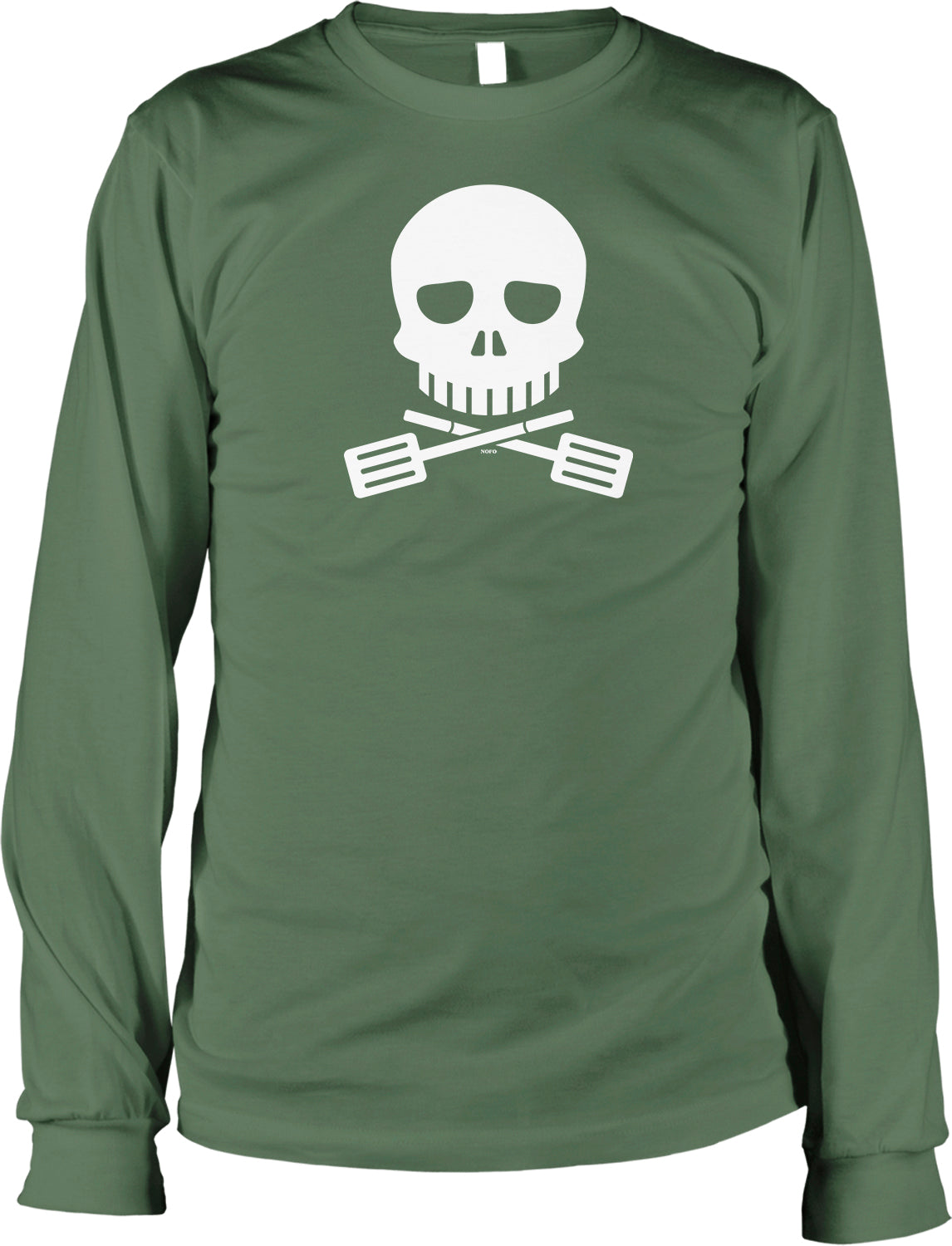 A green long-sleeved shirt with a white skull and crossbones graphic printed on it.