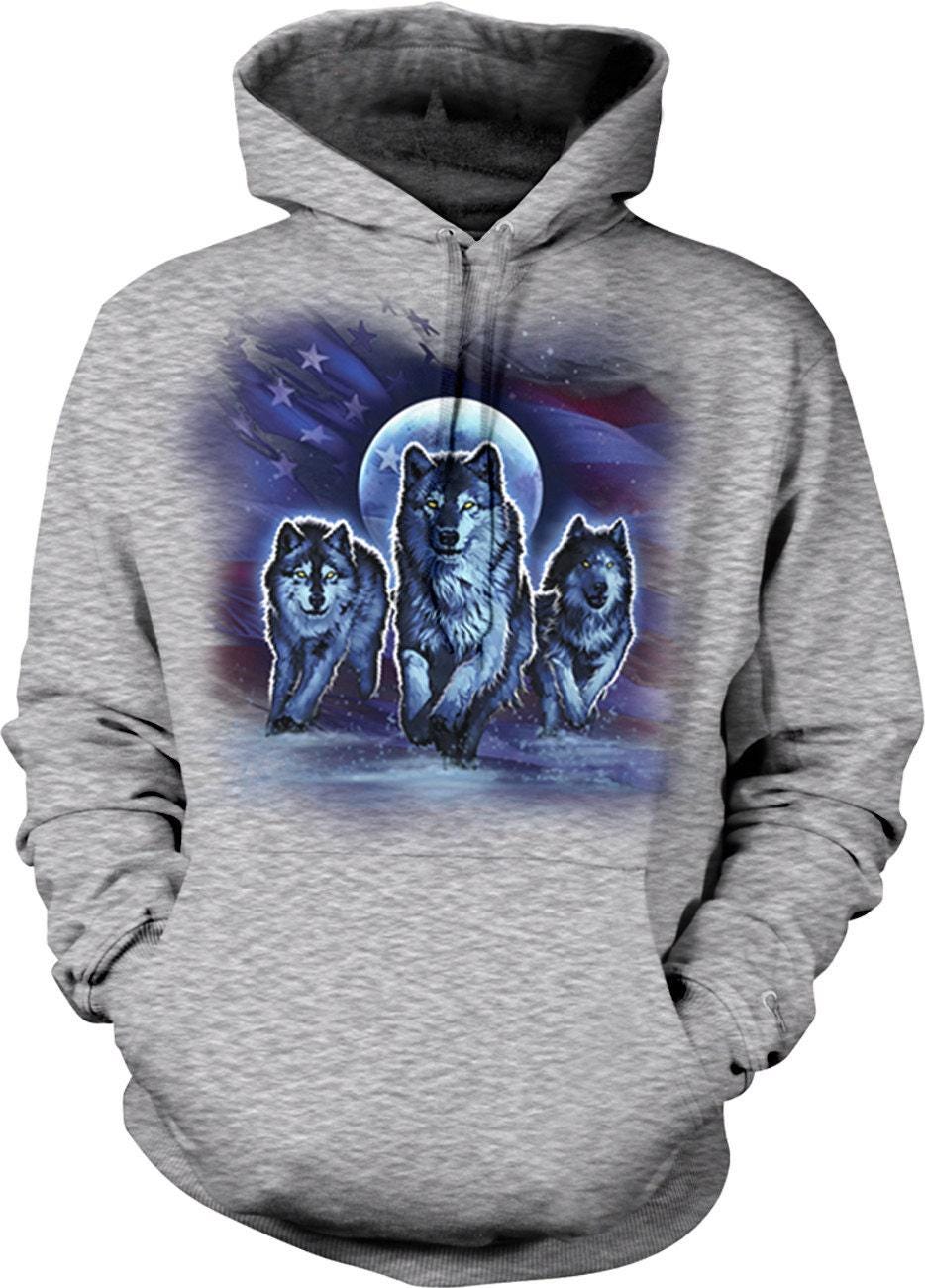 American Flag Hoodie - Wolfpack Running Moonlight Full Moon Design Sweatshirt