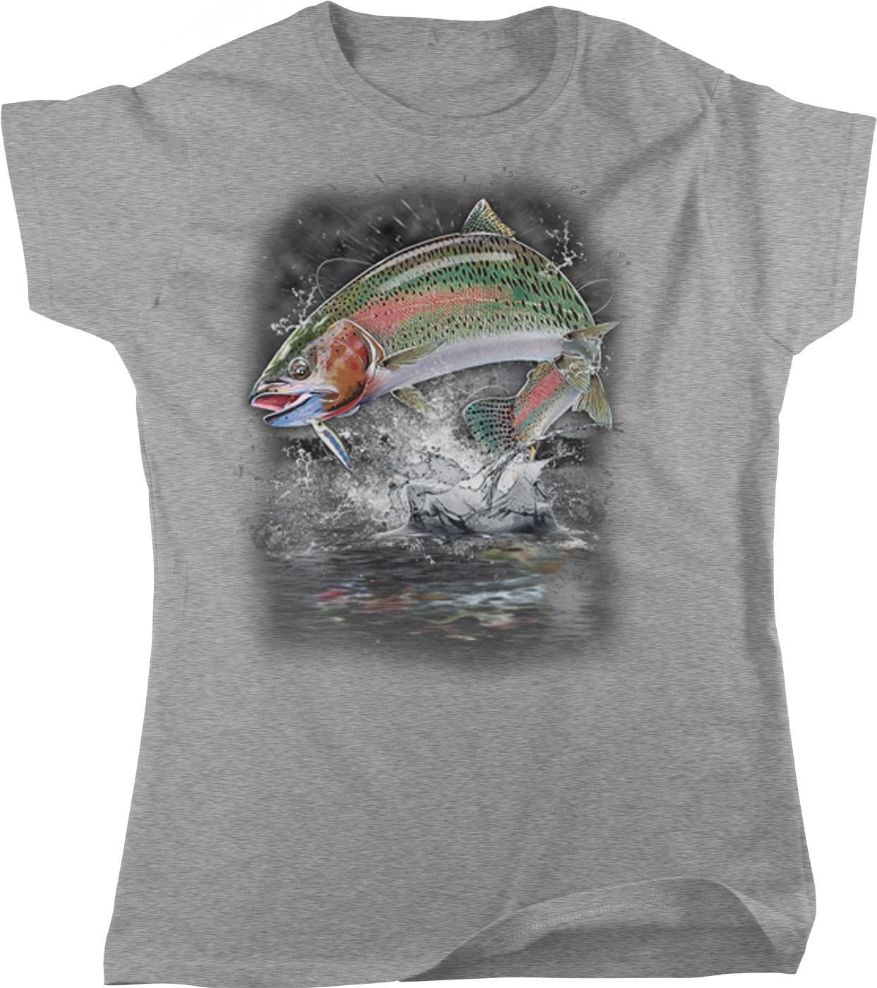 A gray t-shirt with a graphic design depicting a colorful fish jumping out of the water.