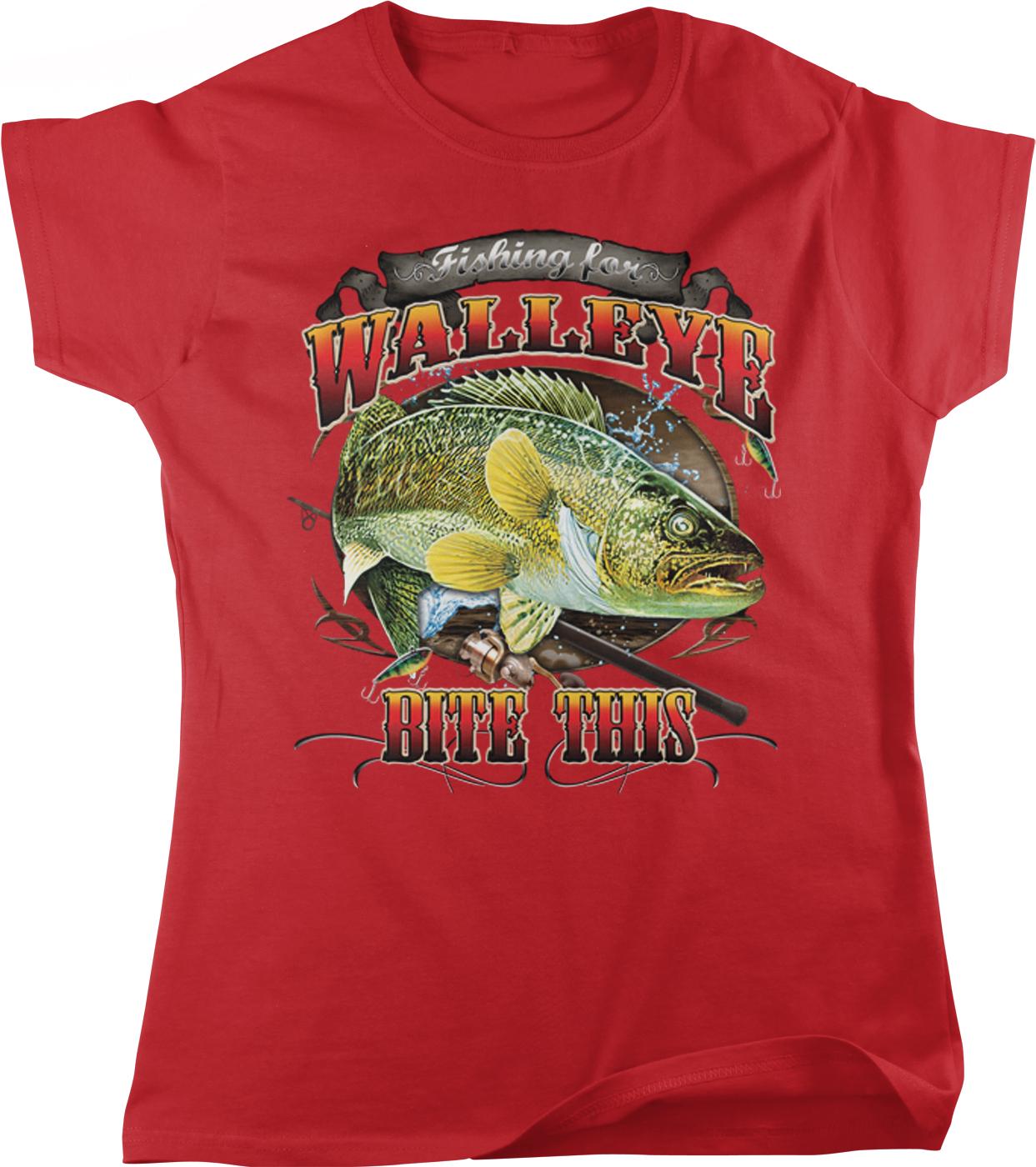 A red t-shirt with a graphic design featuring a fish and the text "Fishing for WALLEYE BITE THIS".