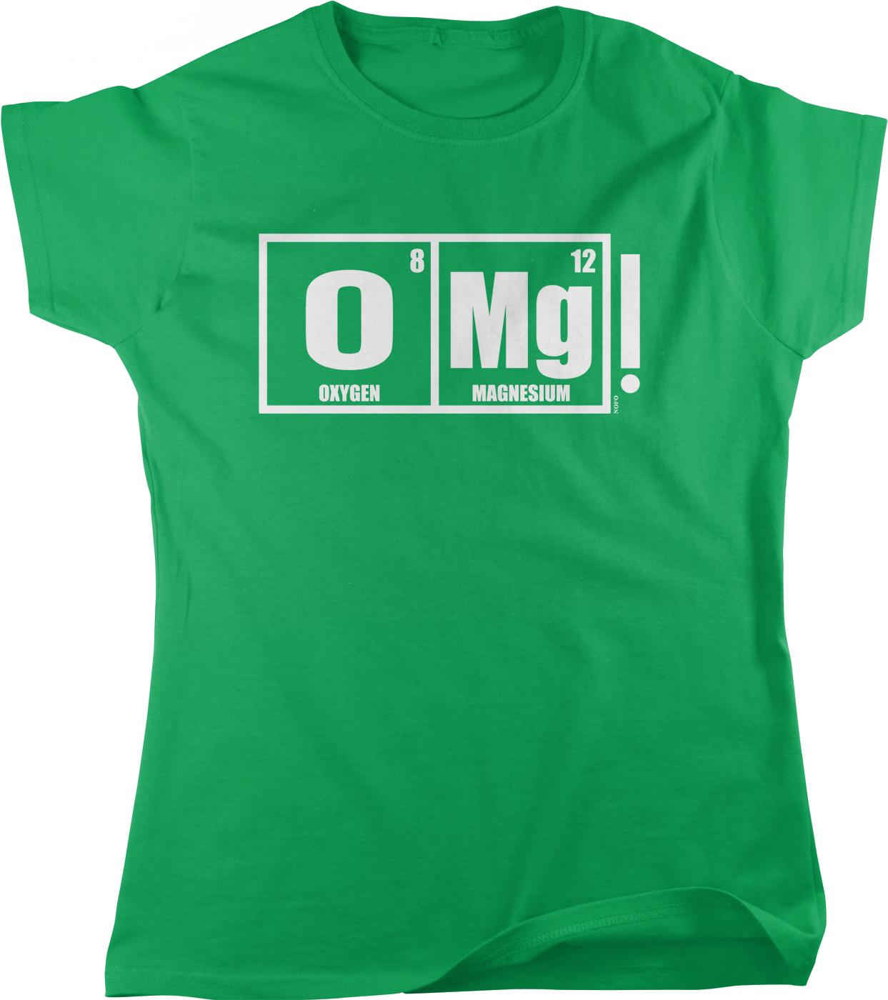 The image is a green t-shirt with a white graphic design that reads "0 Omg magnesium" and "8 oxygen" on it.