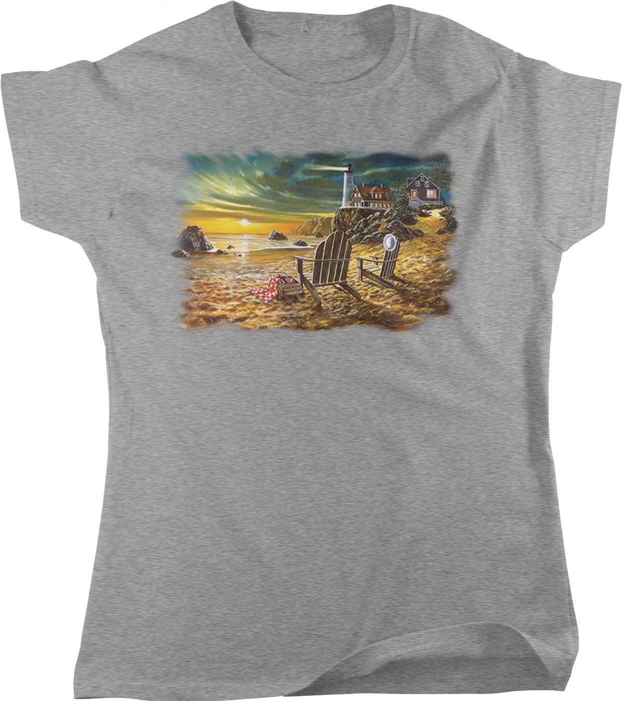Women's Coastal T-Shirt – Beach Picnic Shirt With Lighthouse Sunset Design