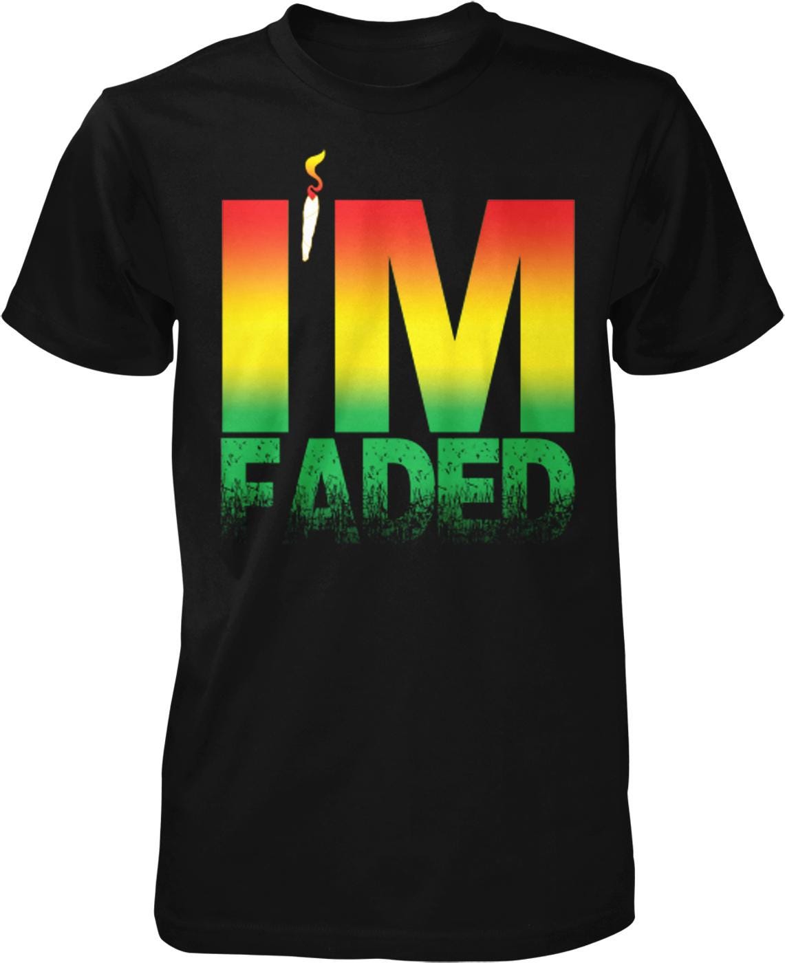 A black t-shirt with the text "I'M FADED" printed on it in a colorful, gradient-like design.