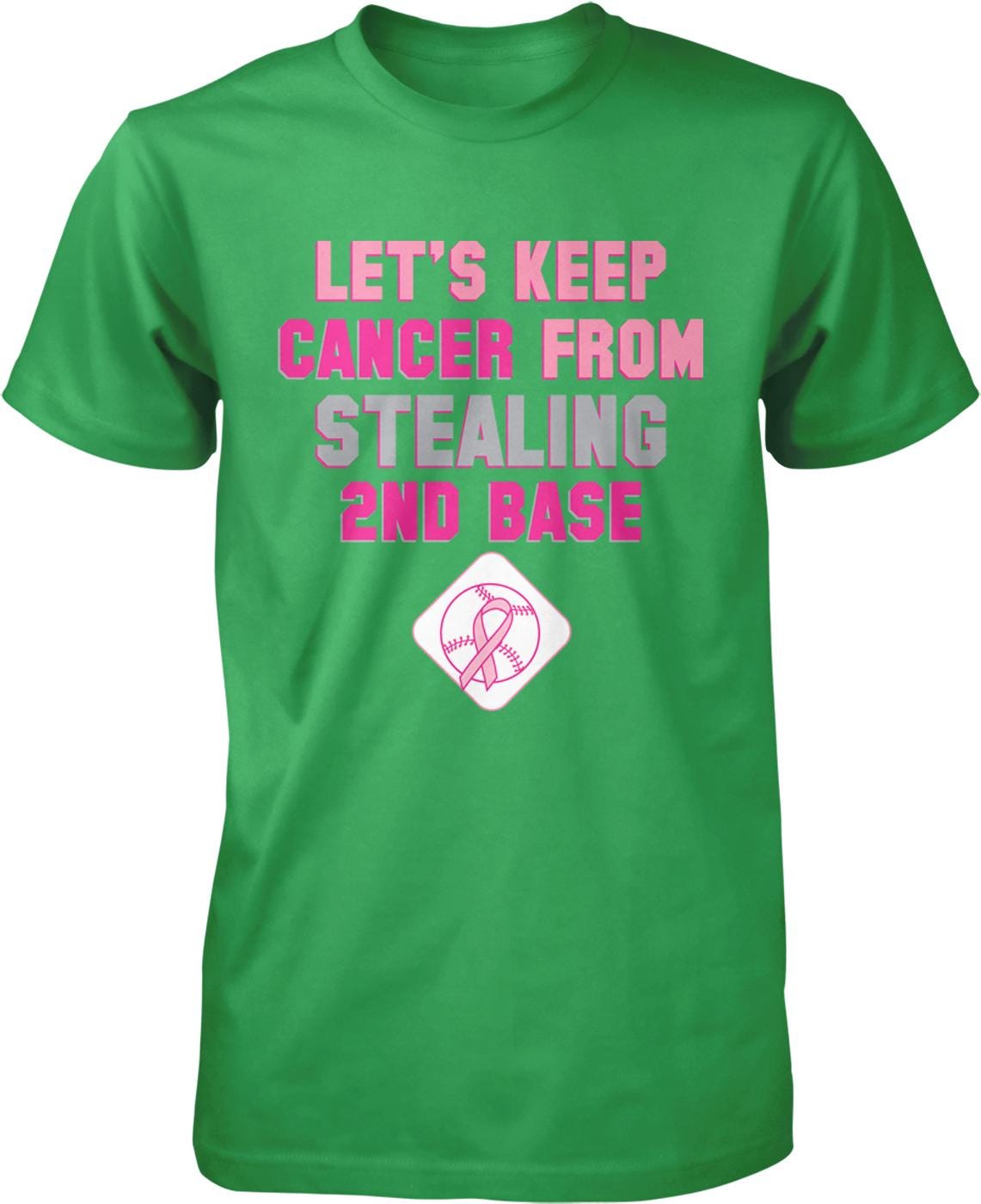 The image is a green t-shirt with text and a pink symbol on it.