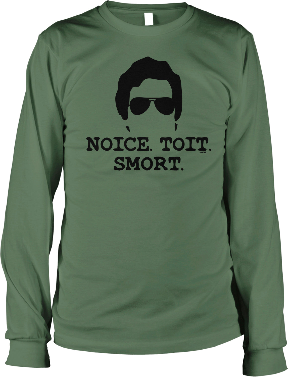 A green long-sleeved t-shirt with a black graphic design depicting a man's face wearing sunglasses and the text "NOICE. TOIT. SMORT." printed on it.