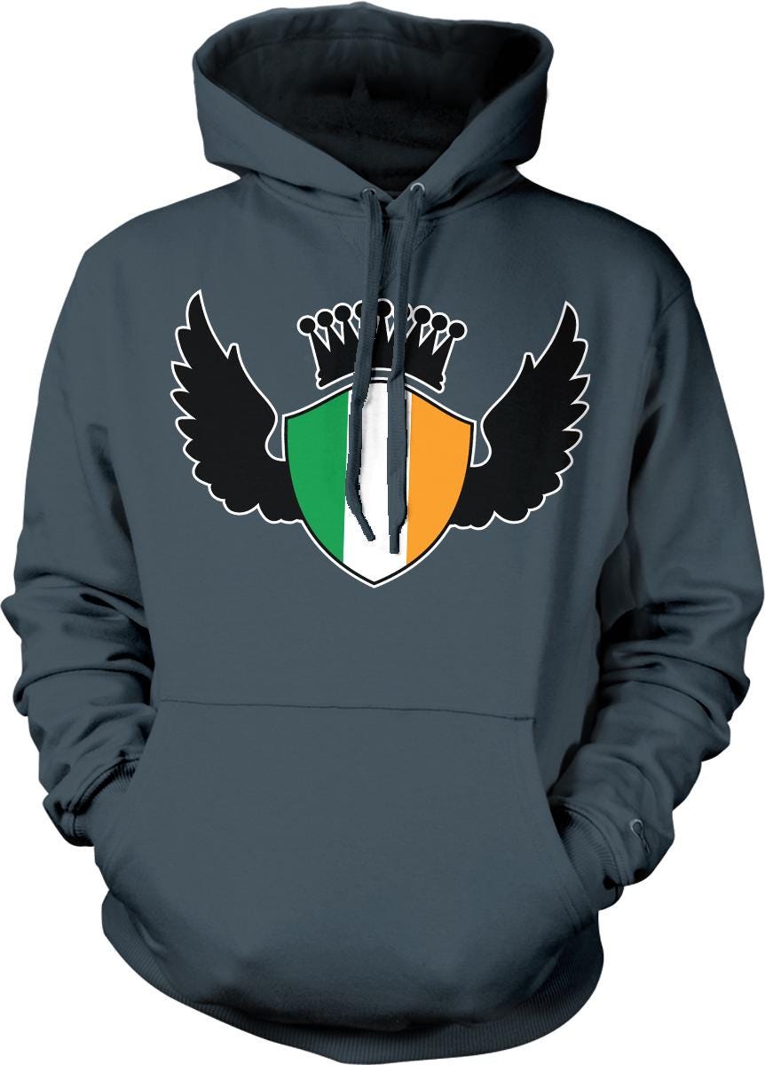 A gray hoodie with a graphic design featuring a shield with a crown and wings.