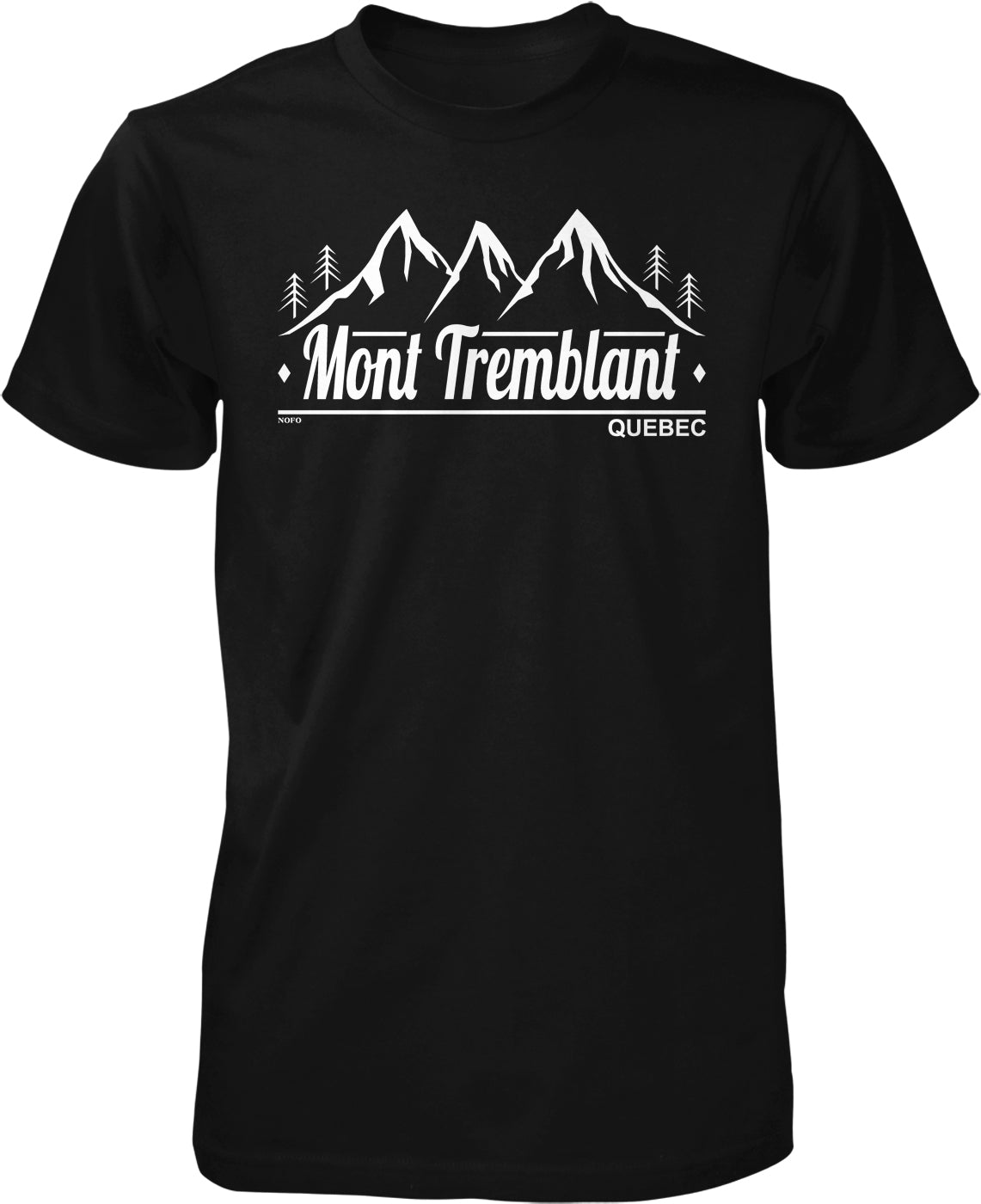 A black t-shirt with a graphic design featuring a mountain range and the text "Mont Tremblant" and "Quebec" printed on it.