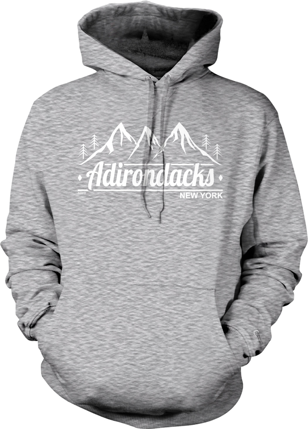A gray hooded sweatshirt with a graphic design featuring mountains and the text "Adirondacks New York" printed on it.