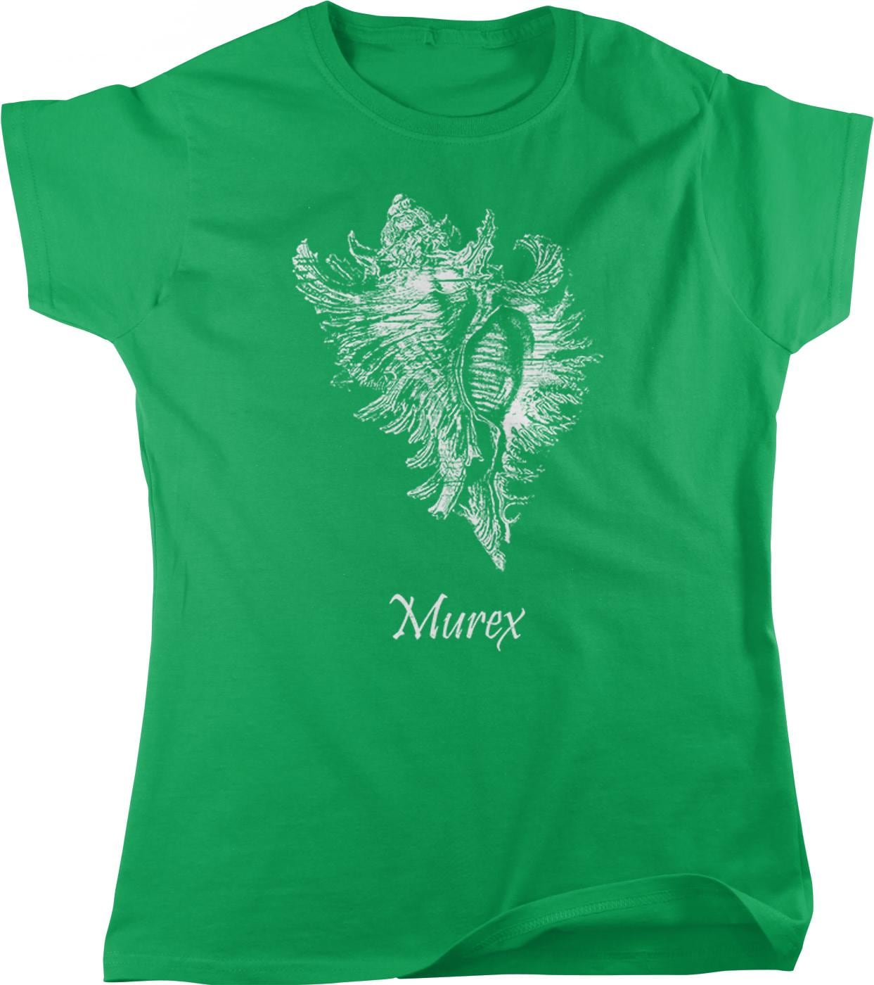A green t-shirt with a white illustration of a shell or sea creature on it, along with the word "Murex" printed below it.