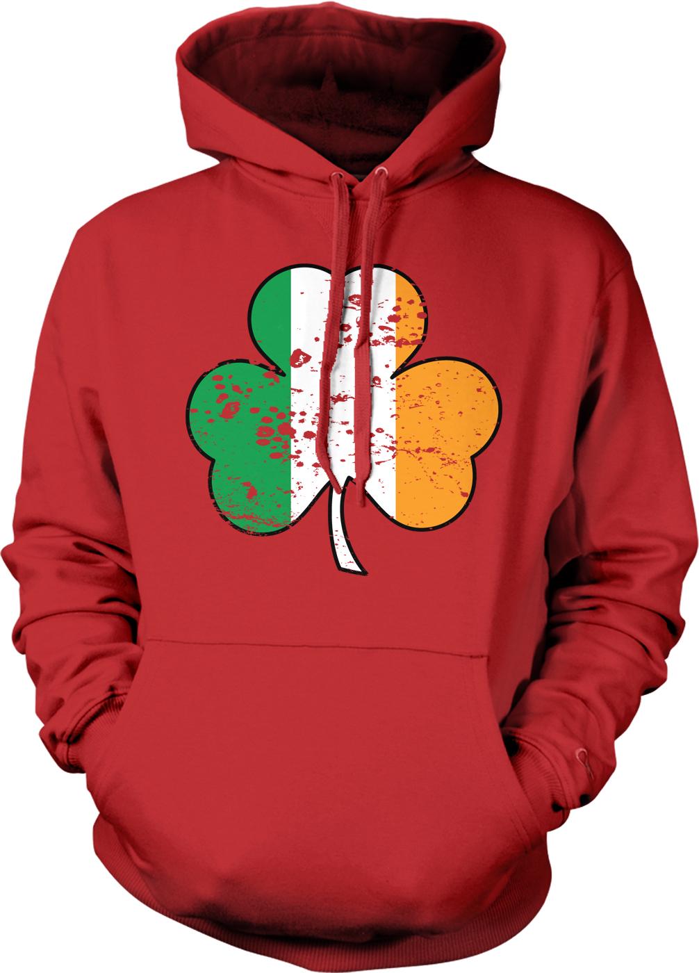 A red hoodie with a graphic of a cloverleaf design featuring the colors of the Irish flag.