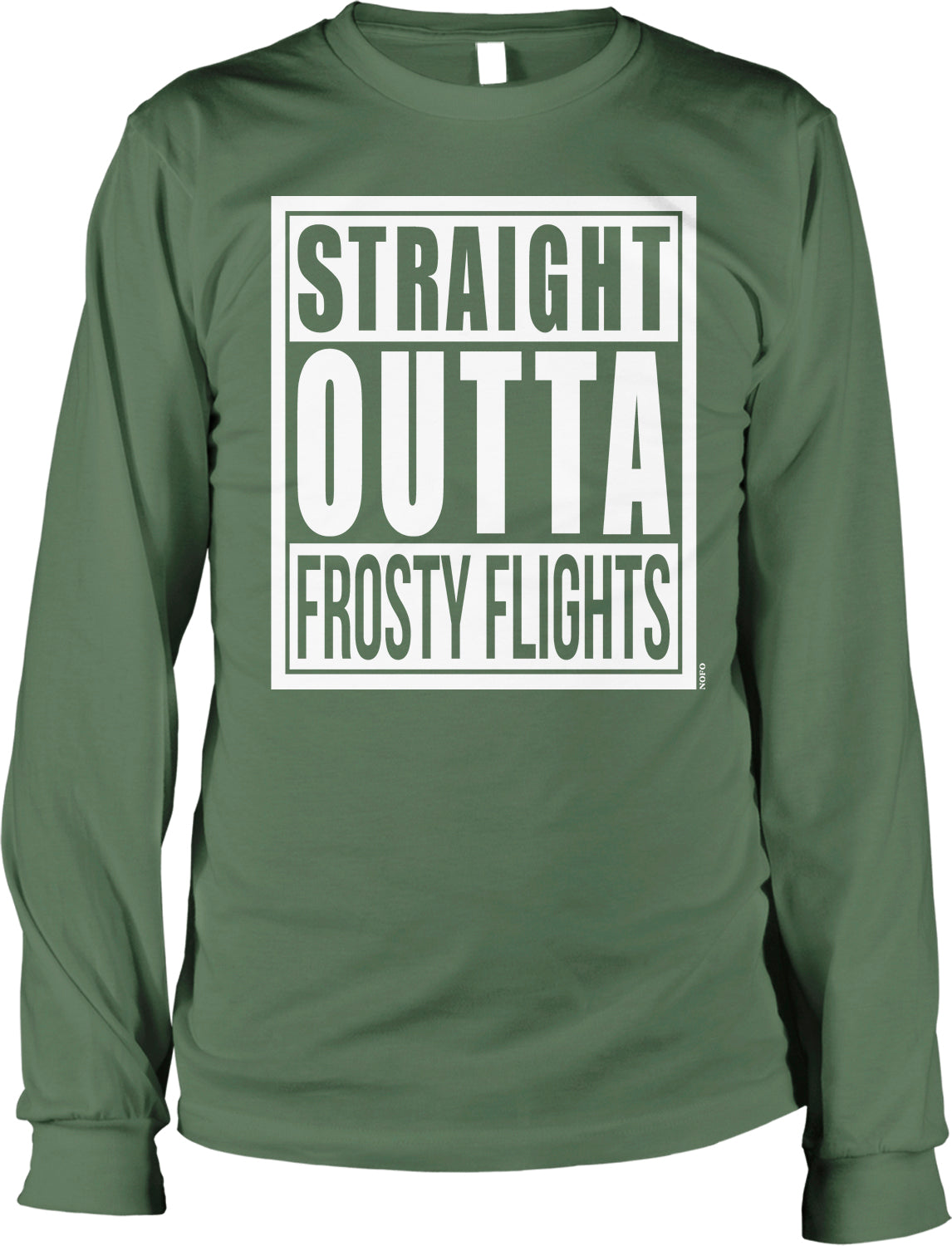 A green long-sleeved shirt with a white text design that reads "STRAIGHT OUTTA FROSTY FLIGHTS".