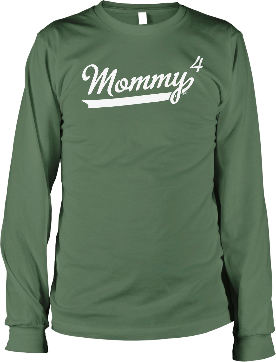 A green long-sleeved t-shirt with the text "Mommy 4" printed on it in white lettering.