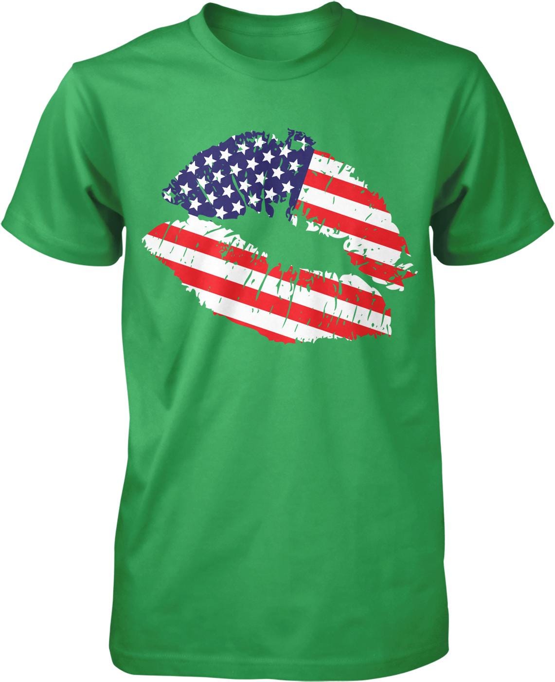 A green t-shirt with a graphic design depicting a stylized American flag inside a lips shape.