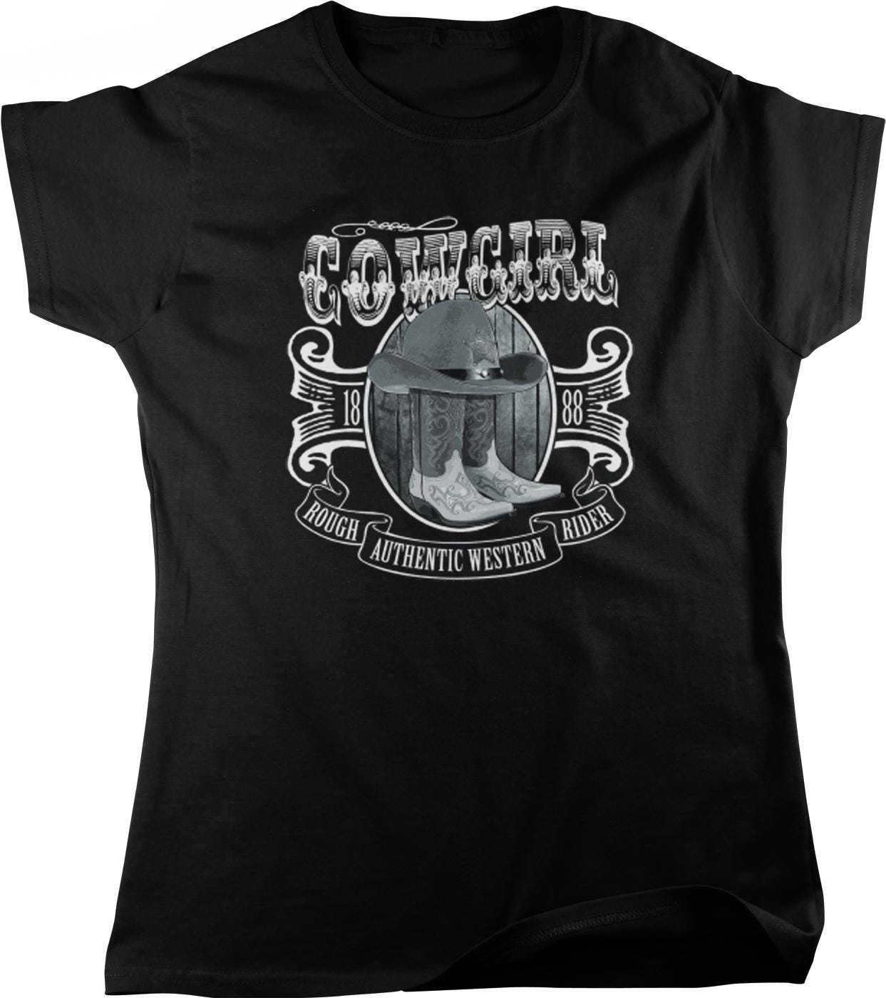 a black and white graphic design on a black t-shirt. The design includes a cowboy hat, boots, and a banner with the text "ROUGH AUTHENTIC WESTERN RIDER".