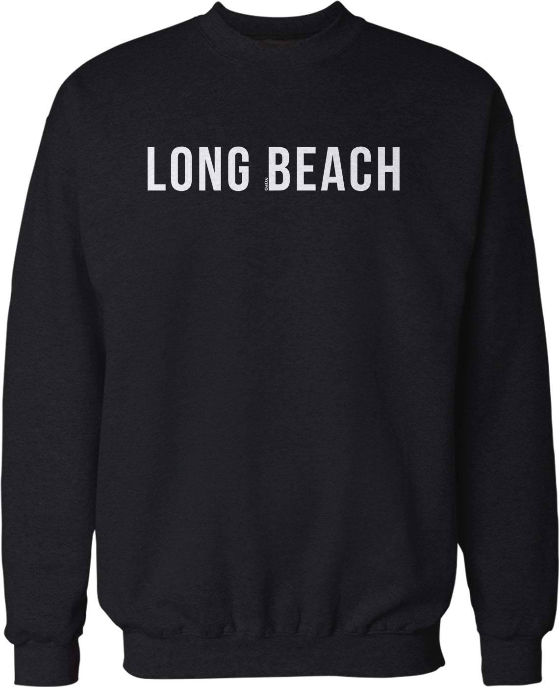 A black sweatshirt with the text "LONG BEACH" printed in white letters.