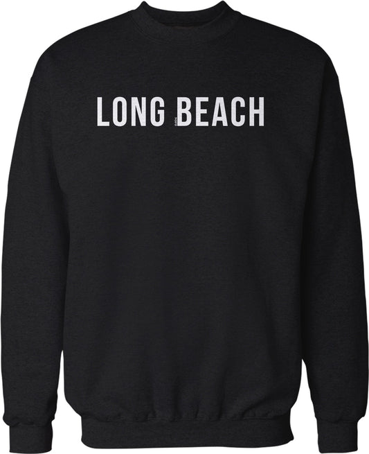 A black sweatshirt with the text "LONG BEACH" printed in white letters.