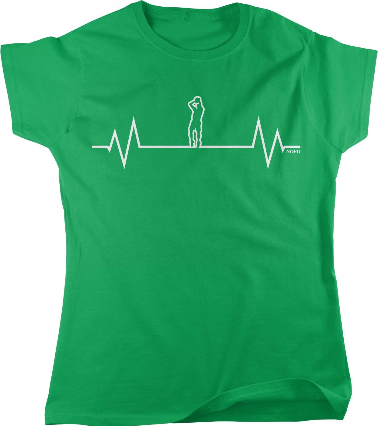 A green t-shirt with a white line graphic depicting a silhouette of a person standing on a line, along with a heart-shaped line graphic.