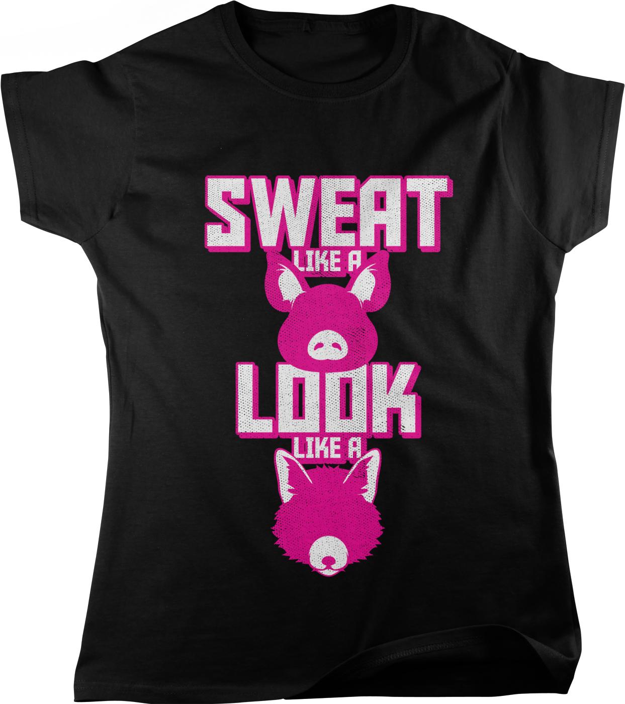The image is a black t-shirt with a graphic design featuring a pig and the text "SWAT LIKE A LOOK LIKE A" in pink and white colors.