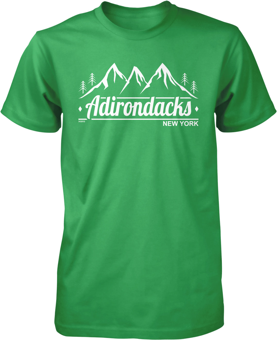 A green t-shirt with a graphic design featuring mountains and trees, along with the text "Adirondacks New York".