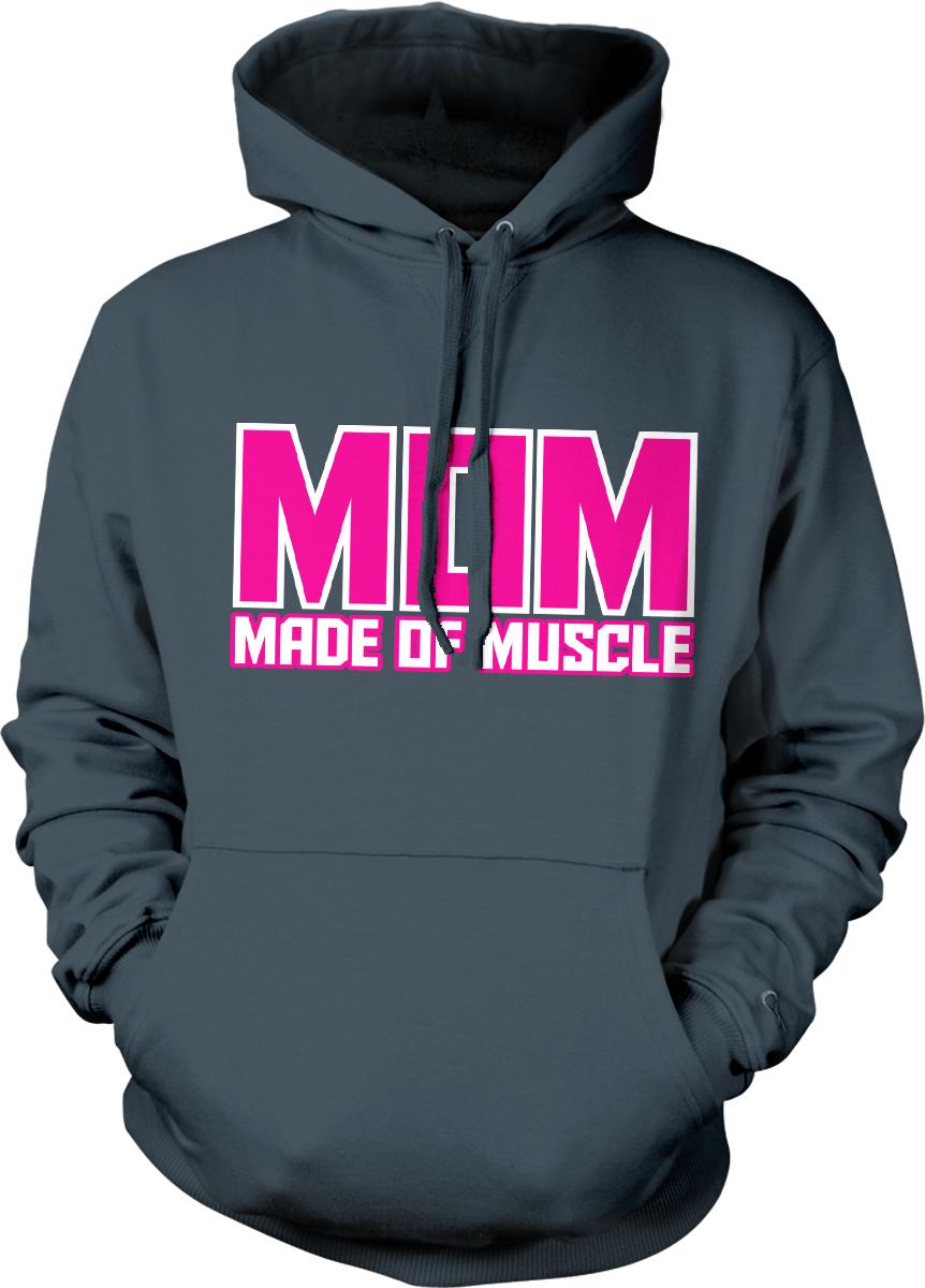 A dark grey hoodie with a large pink text logo that says "MOM MADE OF MUSCLE".