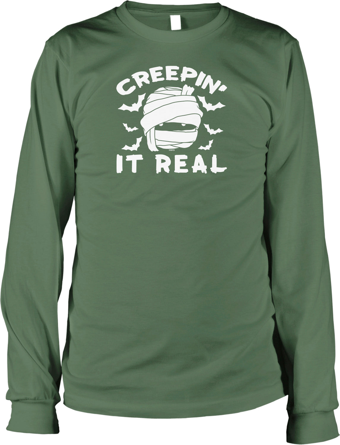 A green long-sleeved t-shirt with a white graphic design that says "CREEPIN' IT REAL" and features a bat symbol.