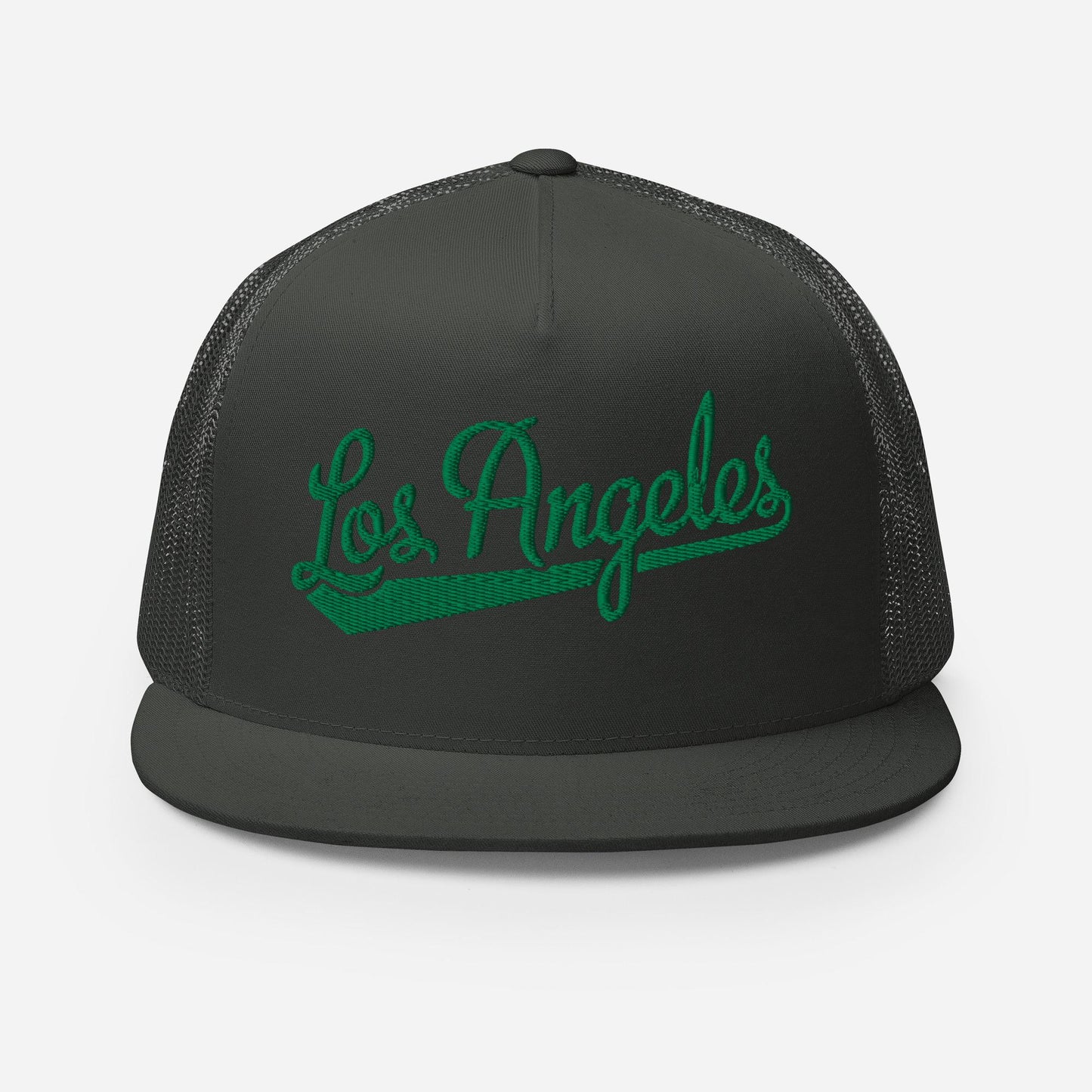 A black baseball cap with the text "Los Angeles" embroidered on it in green.