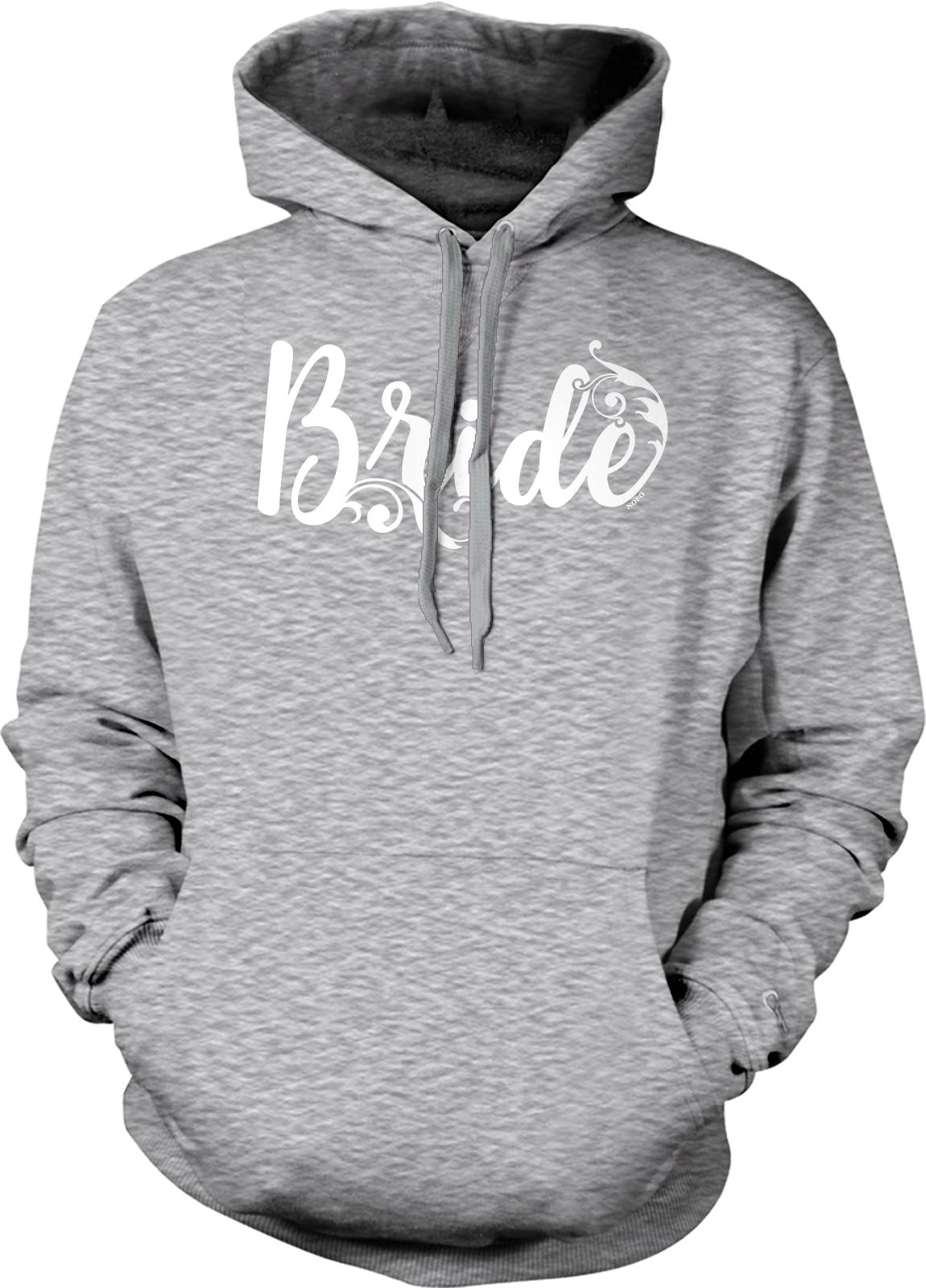 A gray hooded sweatshirt with the word "Bride" printed in white on the front.