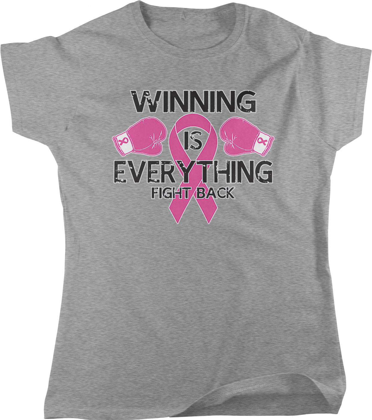 A gray t-shirt with a pink ribbon and boxing gloves, along with the text "WINNING IS EVERYTHING FIGHT BACK" printed on it.