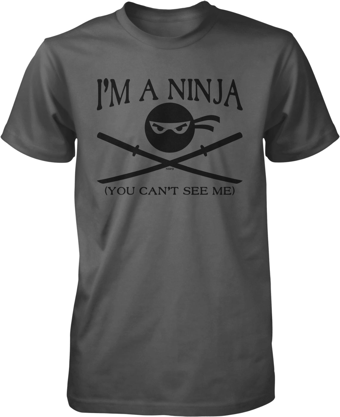 A gray t-shirt with a graphic design featuring a black circle with a face and crossed swords, accompanied by the text "I'M A NINJA (YOU CAN'T SEE ME)"