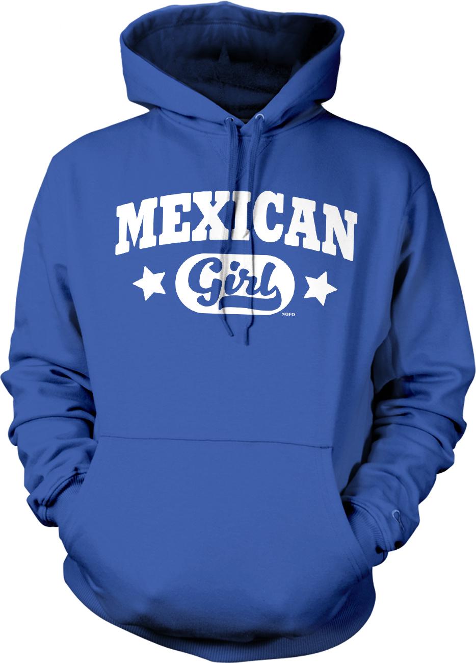 A blue hoodie with the text "Mexican Girl" printed on it.
