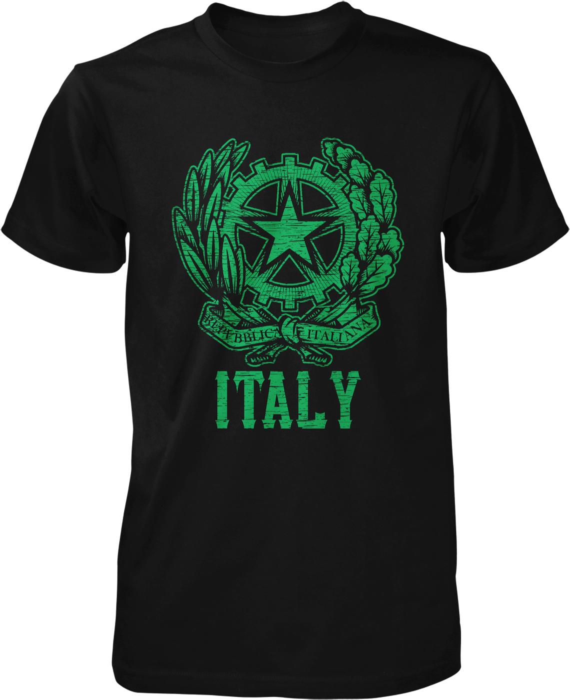 A black t-shirt with a graphic design featuring a green star and laurel wreath, along with the text "ITALY" printed below.