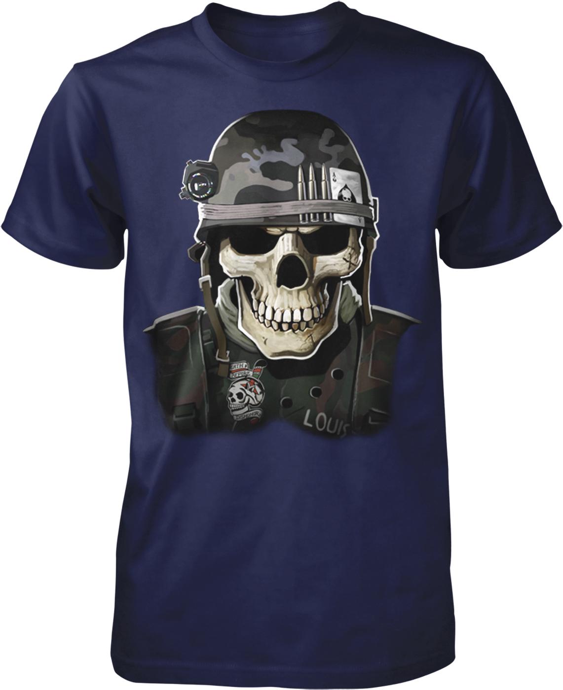 A t-shirt design featuring a skull wearing a camouflage helmet and military-style clothing.