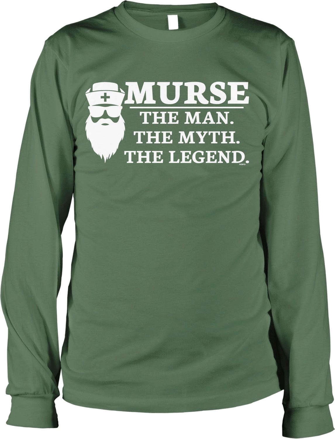 A green long-sleeved t-shirt with white text and a graphic design.
