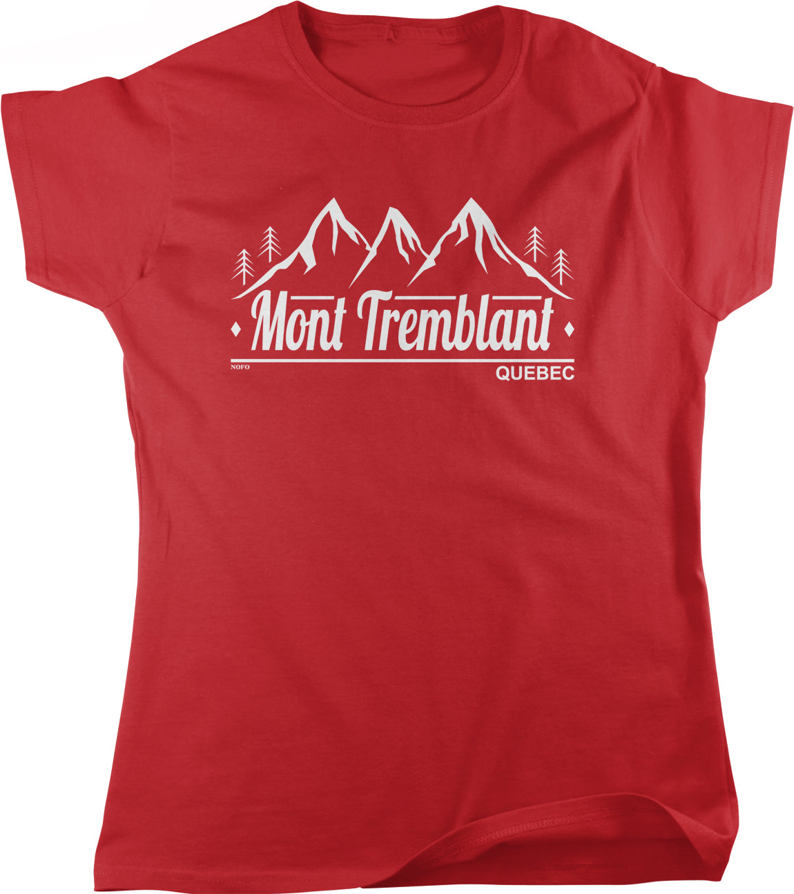 A red t-shirt with the text "Mont Tremblant" and "Quebec" printed on it, along with a mountain silhouette.