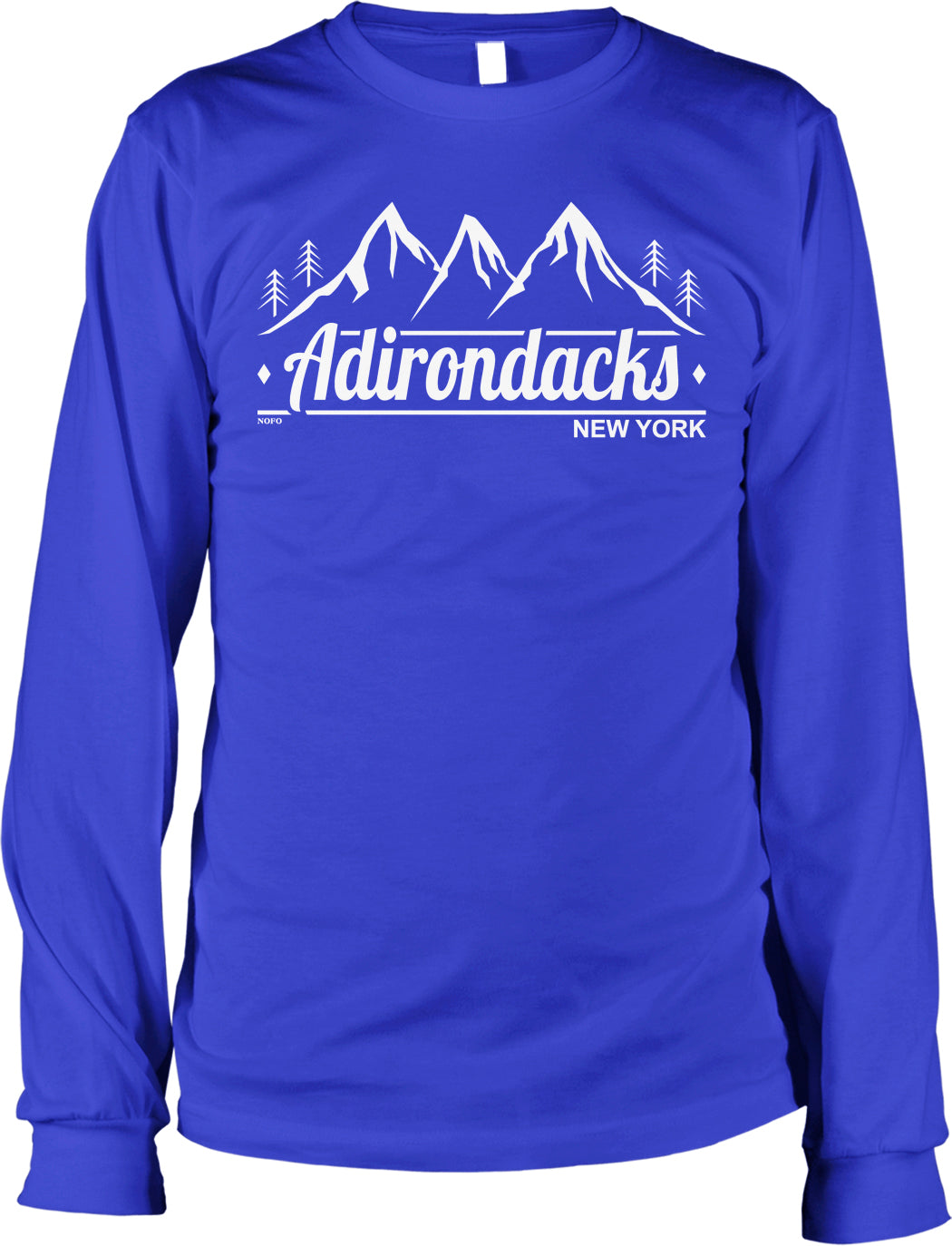 A long-sleeved blue t-shirt with a graphic design featuring mountains and trees, along with the text "Adirondacks NEW YORK".