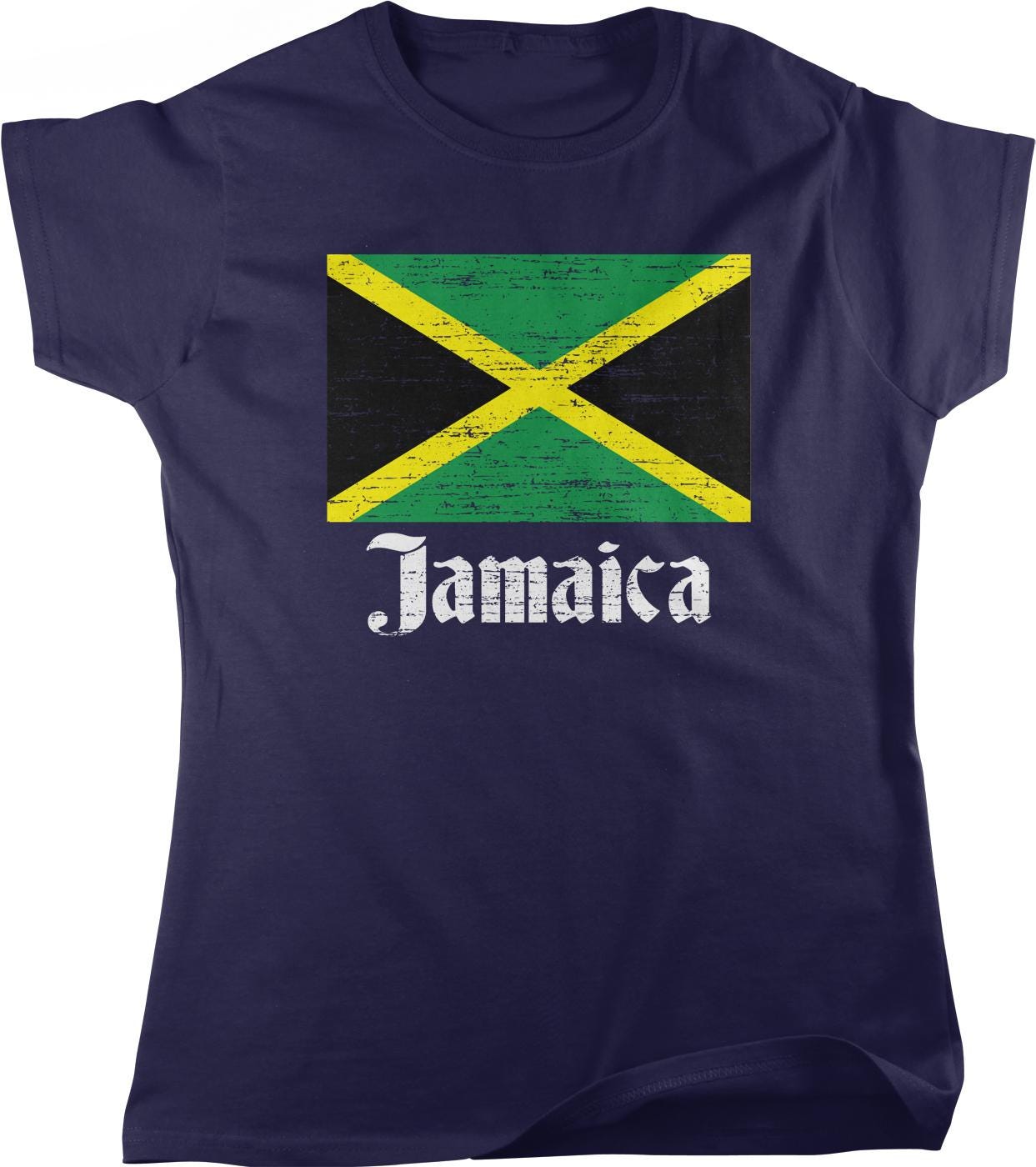 A navy blue t-shirt with a graphic of the Jamaican flag and the word "Jamaica" printed on it.