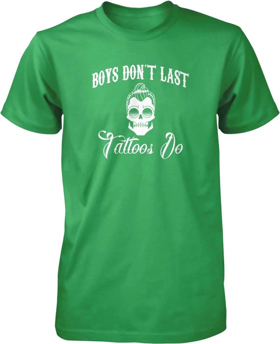 A green t-shirt with white text and a skull graphic.