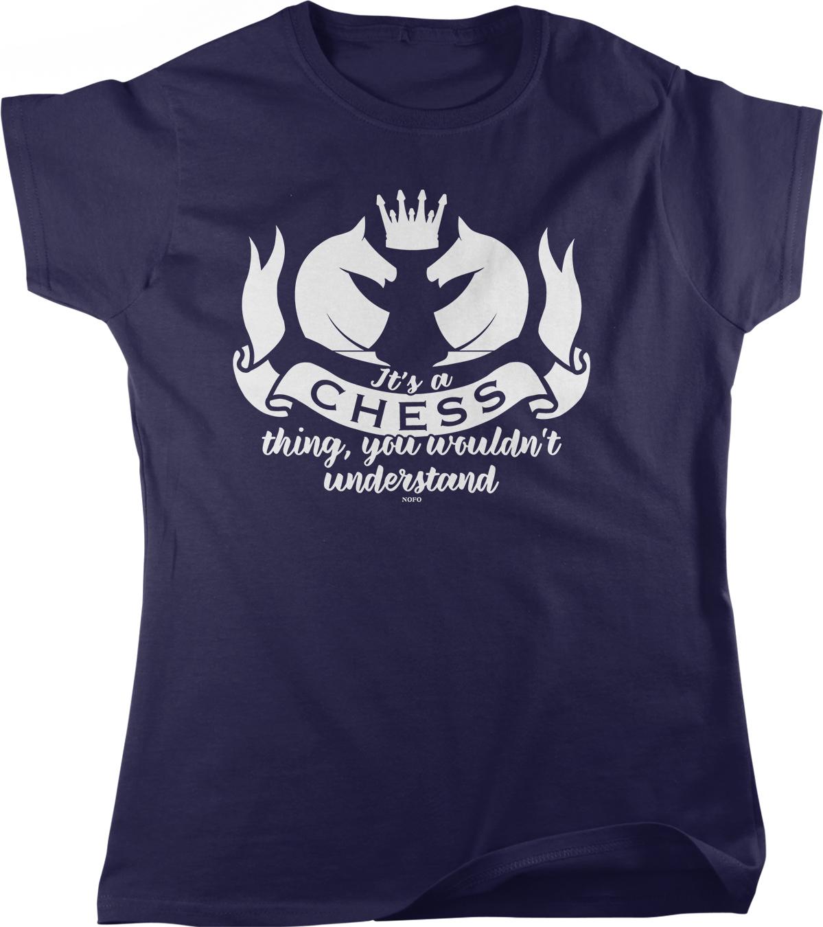 A navy blue t-shirt with a white graphic design that says "It's a chess thing, you wouldn't understand" above a graphic of two chess pieces with a crown on their heads.