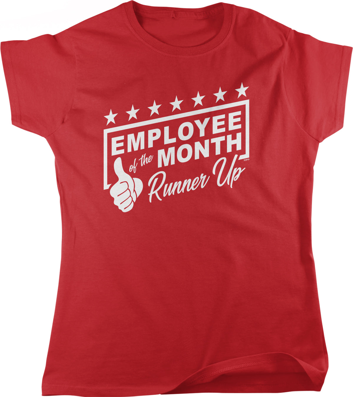 A red t-shirt with white text and graphics printed on it.