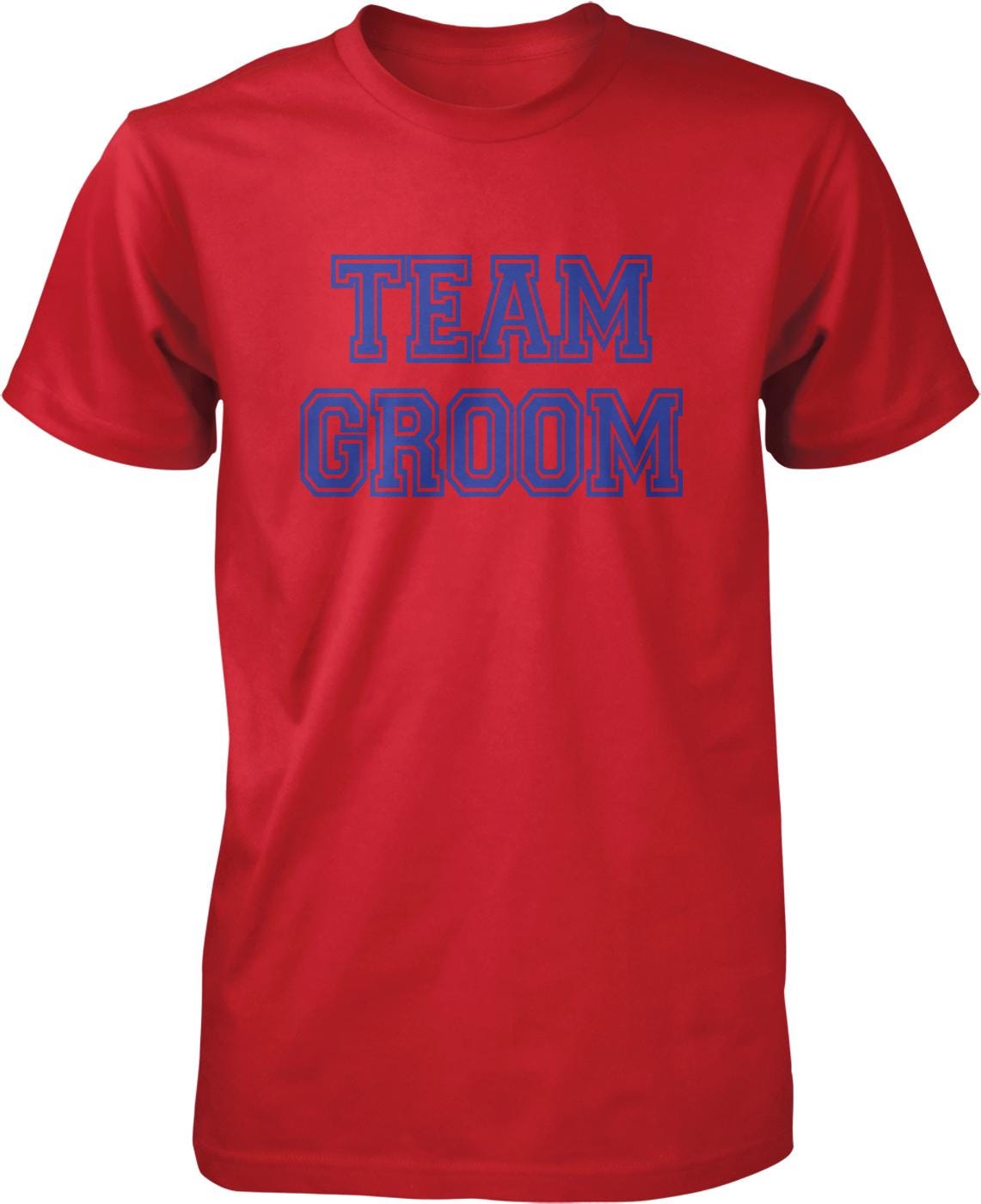 A red t-shirt with the text "TEAM GROOM" printed in blue letters.