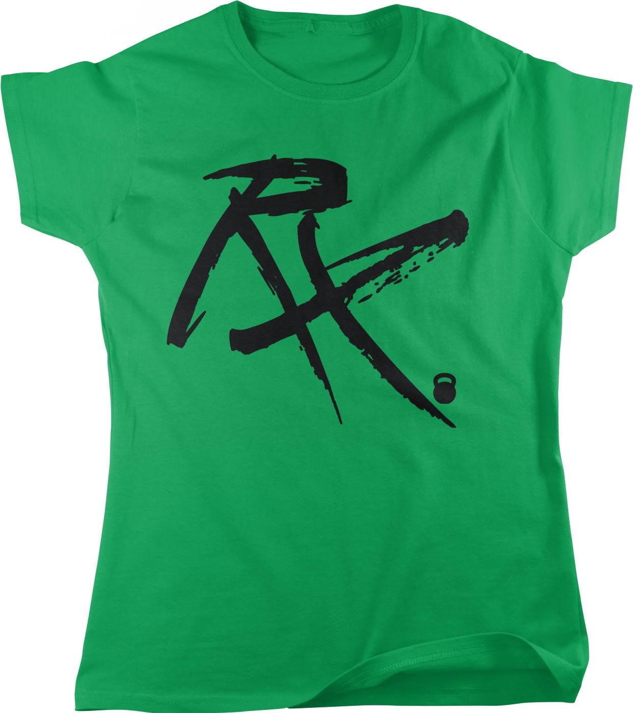 A green t-shirt with a black graphic design featuring a stylized "R" and a kettlebell symbol.