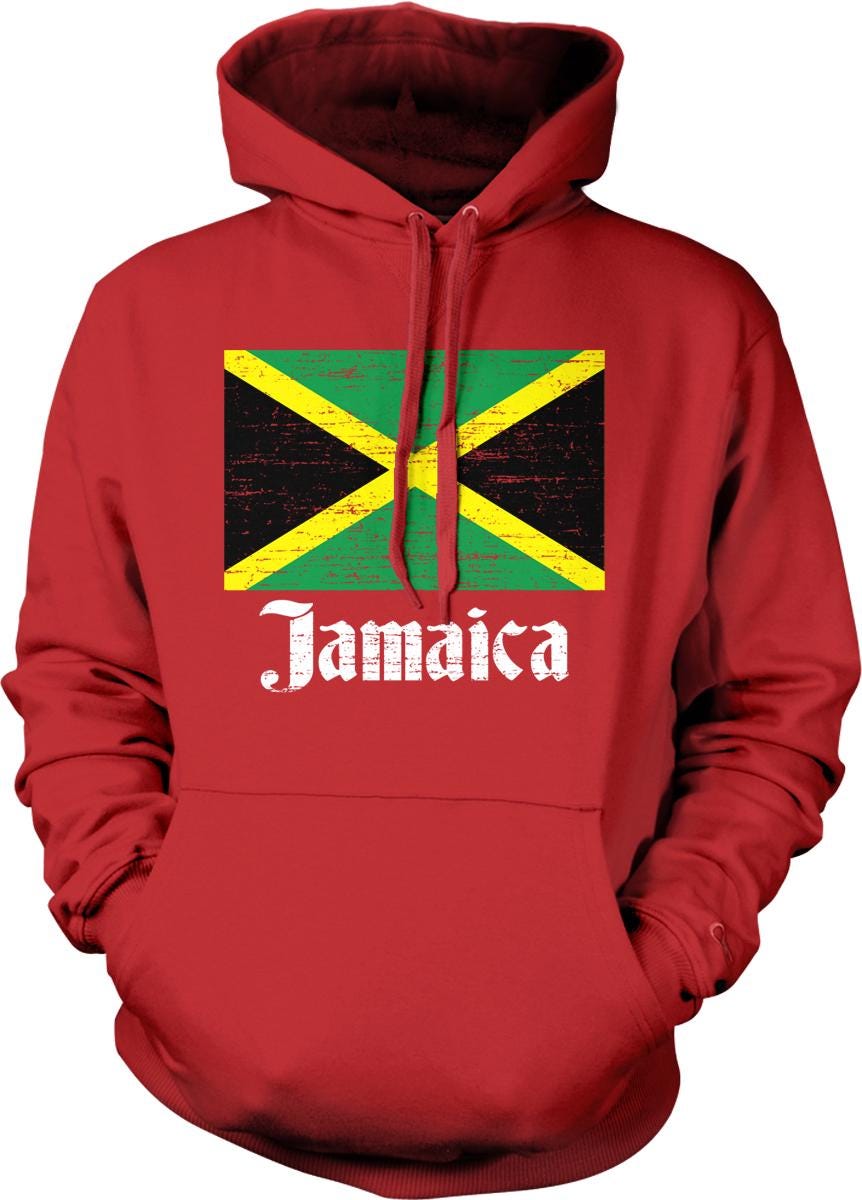 A red hoodie with a graphic of the Jamaican flag and the word "Jamaica" printed on it.